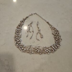 Vintage Necklace Silver Tone Bead 15-17" And Dangle Earring Set